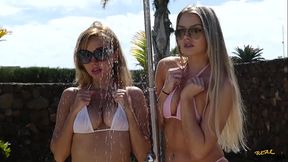 2 Friends Take A Poolside Shower In See Through Micro Bikinis