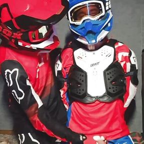 A guy in a motocross gear gets a portion on his mxhelmet