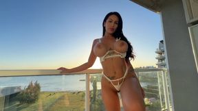 Horny latina girl loves to sunbathe and suck dick on the balcony
