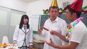 Japanese student gets her bush spoiled by two colleagues while sucking their cocks
