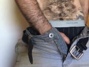 Hairy transguy fucks himself with dildo on school desk
