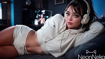 I crawled under this popular streamer's desk and fucked her pussy right during the broadcast [Ai]