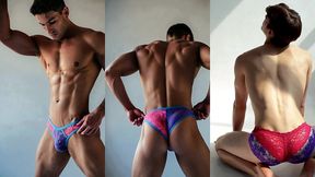 sexy hunks studs and twinks stretching and showing off in colorful and exotic briefs underwear and panties