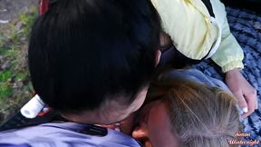 Amateur blonde and brunette share big cock outdoor