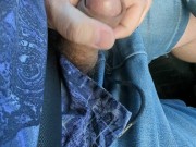 Hung bear jerks off in car driving down the freeway. Massive cumshot