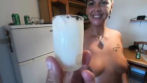Girlfriend drinks a lots of saved cum from a shotglass