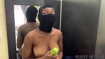 Ebony Teen Melanie Gives Lectures on Use of Condom with Huge Cucumber dildo for deep fucking illustration