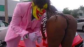 Fat black Milf fucked by the clown outdoors and indoors