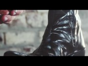 Stunning young cock fucking and jerking off on leather boots