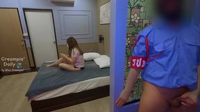 Thai pretty college girl gets raw fuck and creampie tight pussy by stalker horny security guard