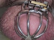Learning to sit to pee! Chastity cage Femdom!