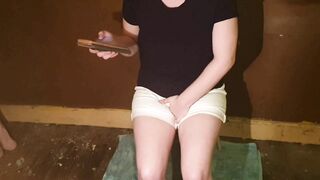 ⭐ Adorable cunt with mouth Pees her Shorts on a Chair!