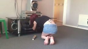 My long-legged GF flashes her panties while cleaning the living room