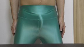 Masturbation with light green spandex leggings
