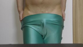 Masturbation with light green spandex leggings