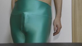 Masturbation with light green spandex leggings