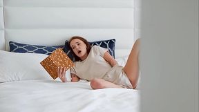 Redhead chick caught masturbating, gives sloppy blowjob and rides cock