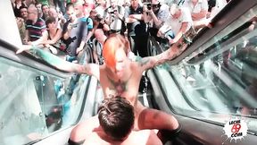Dirty slut with enormous natural tits doing 69 in public