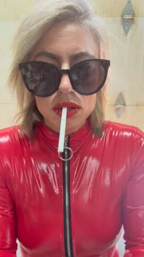 Red vinyl bodysuit