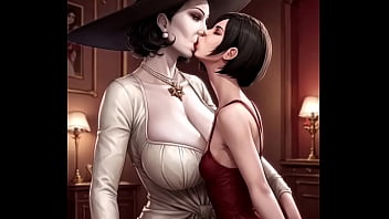 Lady Dimitrescu x Ada Wong kissing and sex (AI generated)