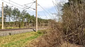 Naked tits banging red on the train tracks