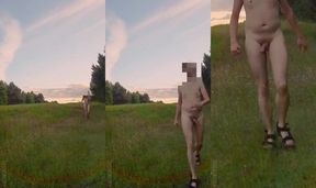 Polish naturist boy walks bare in village morning hard and proud