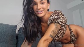 leopard outfit fingering pussy until cum on the couch -claudia bavel-