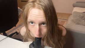 Blowjob on big black dildo and balls sucking