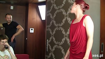 Many guys are naked and waiting for Angelika to suck their cocks, until they all cum
