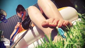 Little weak man destroyed by giantess feet outdoors