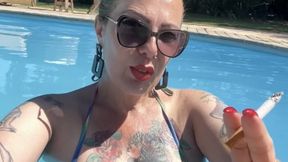 Newport - Smoking in the pool - Deep Inhales, Nose exhales, Cough, Red lipstick, Long red nails, Swimsuit, Wet body, Sunglasses