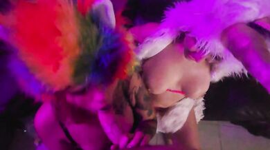 Two horny latinas deepthroat gagging begging for thick cock at a wild house party