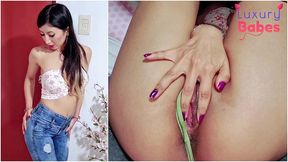 cute shy girl relaxing on her bed, totally creamy pussy.