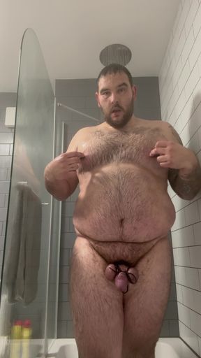 Cock and balls bound with nipple clamps plugged and piss poured over my head
