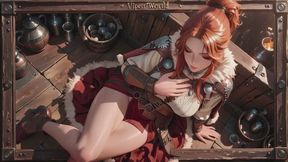 Redhead Warrior's Private Morning! From snowy armor to bedroom sunset, she sits bare-chested with arms crossed, eyes hazy and shy. Sunlight glazing her smooth skin, every glance hides unsaid whispers. More than roleplay, it's a forbidden feast.