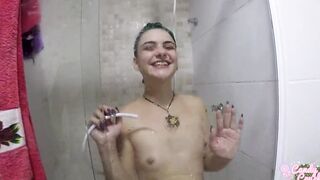 Little bitch taking a shower and sucking off penis after giving