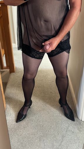 sexy sissy masturbating in her black stockings &amp; nylon lingerie