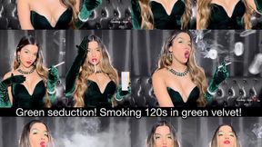 Green velvet dress and gloves, green makeup, red lips, Virginia Slims 120s, smoke rings, audible inhales and exhales and smoke in your face!