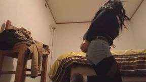 Hogtied in denin shorts crossdressing
