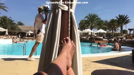 Horny Amateur Lady Plays With Her Amazing Legs And Oiled Up Feet Near The Pool