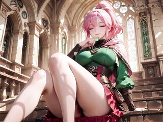 Deep Squat Teasing Below the Massive Magic Array, Green Battle Gear Stretched Constricted.
