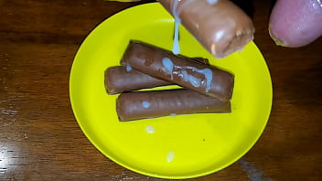 Twix covered in my Cum look so good. Which one should I eat first the right or the left.