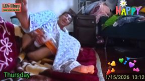 Happily touching the penis.