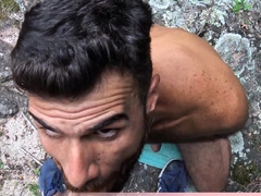 Bearded stud sucking a strangers big cock outdoor