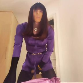 jess silk riding dildo in purple satin dress and skiny purple jacket with red wig