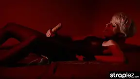 Kinky beauty in crotchless catsuit self-pleasure with strapless dildo