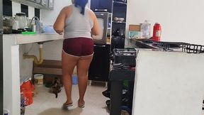 Chubby Latina with a Big Ass Likes to Be Watched by Her Stepfather's Old Man While She Cleans the House