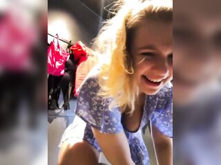 Squirting a lot and fingering pink vagina in public