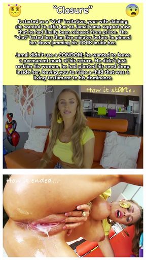 Hotwife bullies her cuckold husband while caption reveals his wife's true nature