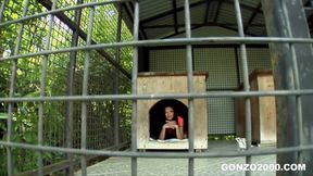 Mugur Mows the Lawn in Maid Outfit while Shalina is Locked in a Cage at Gonzo2000